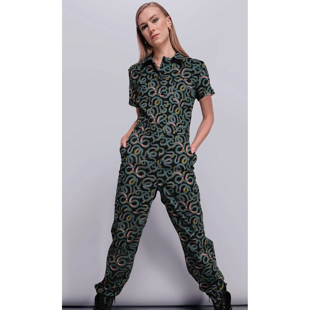 Wildfang Coverall Jumpsuit XXL Green Snake Print Utility Romper Serpent Medusa